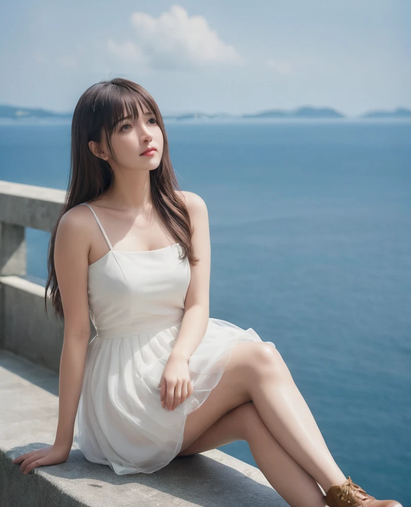 A girl,Alone,Long hair,Looking at the audience,Bangs,Brown hair,dress,Bare shoulders,Large Breasts,Brown eyes,Upper Body,outdoor,Sky,sleeveless,daytime,cloud,白色dress,Vague,Blue sky,Lips,Depth of Field,Vague的背景,ocean,Reality,bench,Smile