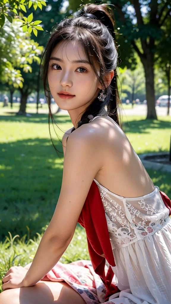 dress,outdoors,Urban Park,On the lawn,One woman,close up face,fully body photo,masutepiece, The highest image quality, High quality, the background is clear,Beautiful woman, Japanese, Detailed, Ultra-detailed, finely detail, hight resolution, 8K Wallpaper, Perfect dynamic composition, Beautiful detailed eyes ,Detailed eyes, Detailed skin, Beautiful skin, 超hight resolution, (reality: 1.4),Very beautiful woman, Slightly younger face, Beautiful skin, slender, (Ultra photo realsisim), (hight resolution), (8K), (Very detailed) (beautifully detailed eyes), (super detailed), (Detailed face), view the viewer, Fine details, Detailed face, Staring straight ahead, Staring straight ahead, photos realistic, Bright lighting, Professional Lighting, Black hair,poneyTail,a baby face,sixteen years old,Hairstyle: ponytail,Long ponytail hairstyle,slight smile,