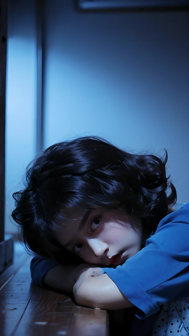 Create an anime style image, of a black skinned age girl with curly dark hair, leaning on the ground in total darkness with an insecure expression, I was desperate., behind the girl her aura appears, a blue aura