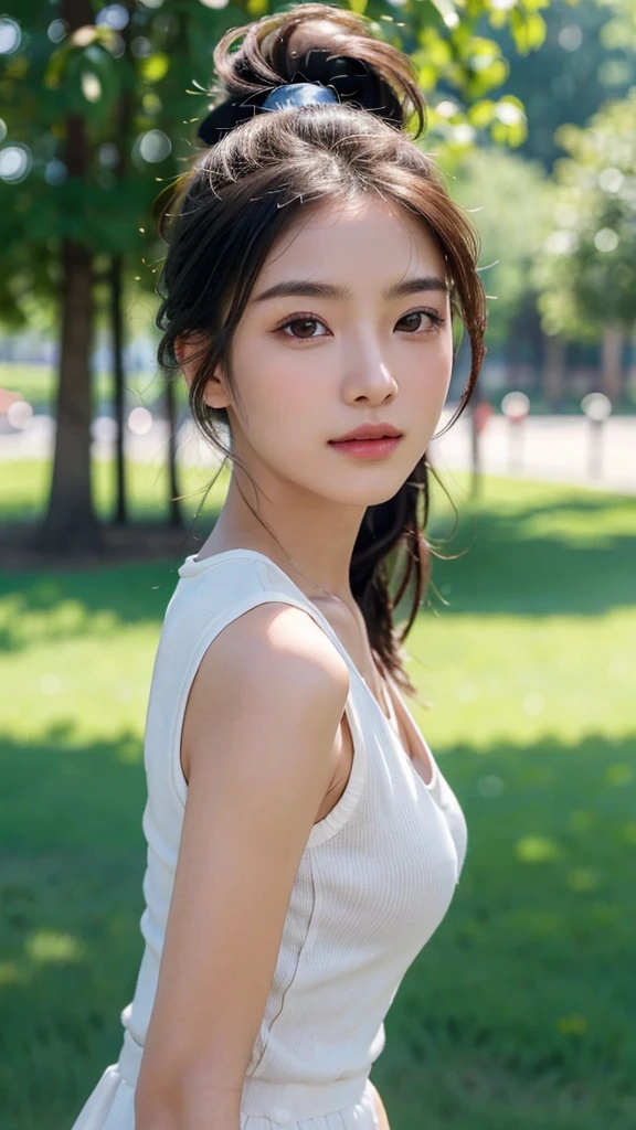 dress,outdoors,Urban Park,On the lawn,One woman,close up face,fully body photo,masutepiece, The highest image quality, High quality, the background is clear,Beautiful woman, Japanese, Detailed, Ultra-detailed, finely detail, hight resolution, 8K Wallpaper, Perfect dynamic composition, Beautiful detailed eyes ,Detailed eyes, Detailed skin, Beautiful skin, 超hight resolution, (reality: 1.4),Very beautiful woman, Slightly younger face, Beautiful skin, slender, (Ultra photo realsisim), (hight resolution), (8K), (Very detailed) (beautifully detailed eyes), (super detailed), (Detailed face), view the viewer, Fine details, Detailed face, Staring straight ahead, Staring straight ahead, photos realistic, Bright lighting, Professional Lighting, Black hair,poneyTail,a baby face,,Hairstyle: ponytail,Long ponytail hairstyle,slight smile,