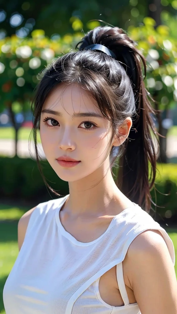 dress,outdoors,Urban Park,On the lawn,One woman,close up face,fully body photo,masutepiece, The highest image quality, High quality, the background is clear,Beautiful woman, Japanese, Detailed, Ultra-detailed, finely detail, hight resolution, 8K Wallpaper, Perfect dynamic composition, Beautiful detailed eyes ,Detailed eyes, Detailed skin, Beautiful skin, 超hight resolution, (reality: 1.4),Very beautiful woman, Slightly younger face, Beautiful skin, slender, (Ultra photo realsisim), (hight resolution), (8K), (Very detailed) (beautifully detailed eyes), (super detailed), (Detailed face), view the viewer, Fine details, Detailed face, Staring straight ahead, Staring straight ahead, photos realistic, Bright lighting, Professional Lighting, Black hair,poneyTail,a baby face,sixteen years old,Hairstyle: ponytail,Long ponytail hairstyle,slight smile,