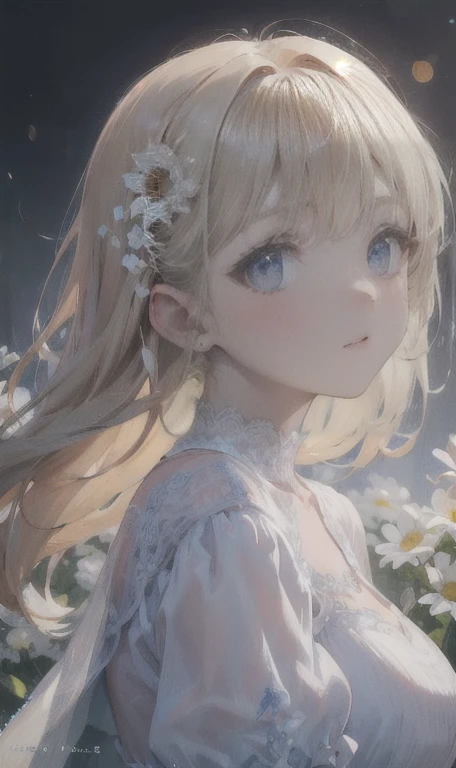 1 girl in a field of flowers, white flower, looking at the viewer, blue eyes, blonde hair, daisy, long hair, pure white dress, best quality, 4k, 8k, highres, masterpiece:1.2, ultra-detailed, realistic, photorealistic, photo-realistic:1.37, HDR, UHD, studio lighting, ultra-fine painting, sharp focus, physically-based rendering, extreme detail description, professional, vivid colors, bokeh, portrait, fantasy, cinematic lighting, natural lighting, soft focus, ethereal, serene, tranquil, dreamy