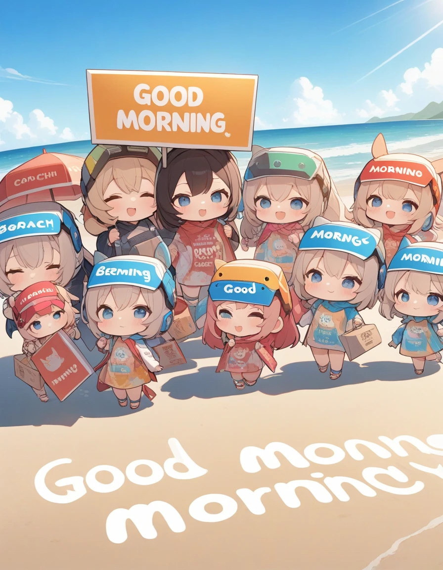 A chibi big family wearing headgear disguised as a carton with the beach printed on it is a placard　 that reads "Good Morning", 