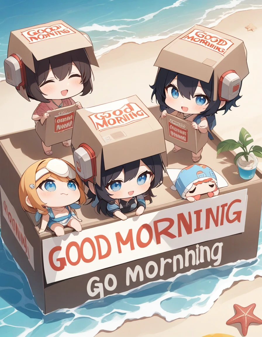 A chibi big family wearing headgear disguised as a carton with the beach printed on it is a placard　 that reads "Good Morning", 