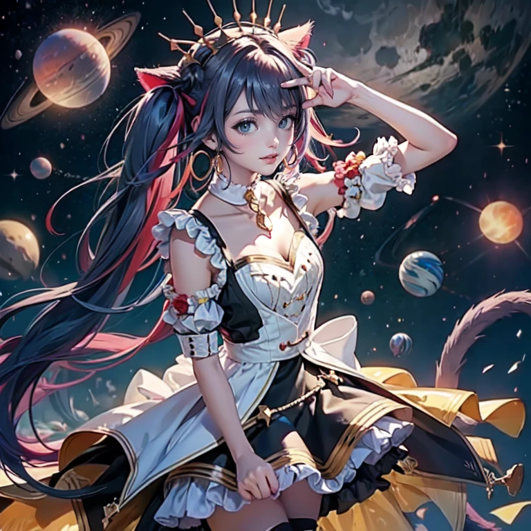 1girl, white maid dress, jewelry, aqua hair, flowing hair, long hair, maid dress with a short skirt and layers, white laces, white boots, white dress with transparency, gold details on her clothes, cat ears, animal ears,  more details, perfectly body, perfectly hands, two hands, two legs, two arms, five fingers, glowing hair, best quality, cat ears, animal ears, white gloves, cat tail, alone, maid headdress, choker, detached sleeves, maid dress, maid white dress, strapless, masterpeice, best quality, detailed face, night, asymmetrical gloves, bangs, white short skirt , earrings, elbow gloves, fishnet thighhighs, fishmasterpeice, solo, best quality, detailed face, hair between eyes, jewelry, looking at viewer, single earring, sky, sleeveless, solo, thigh boots, thighhighs, tongue, tongue out, uneven gloves, cat ears, animal ears, cat tail, solo, alone, Looking at the viewer, magenta roses on her hair, space scenery, maid, maid dress, magenta details, maid headdress, maid apron, purple hair, long hair, seat on the Saturn rings, more details on her clothes, gold details on her clothes, space, smiling, standing her hand to a viewer, looking at the viewer, in the background a several asteroids glowing with fiery auras, Dramatic lighting from distant stars and planets illuminates the scene, looking at the vast and mysterious universe, cowboy shot, upper body portrait, more details, sparkle,