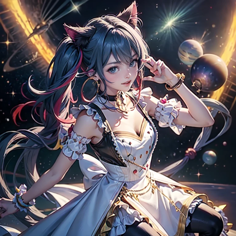 1girl, white maid dress, jewelry, aqua hair, flowing hair, long hair, maid dress with a short skirt and layers, white laces, white boots, white dress with transparency, gold details on her clothes, cat ears, animal ears, more details, perfectly body, perfectly hands, two hands, two legs, two arms, five fingers, glowing hair, best quality, cat ears, animal ears, white gloves, cat tail, alone, maid headdress, choker, detached sleeves, maid dress, maid white dress, strapless, masterpeice, best quality, detailed face, night, asymmetrical gloves, bangs, white short skirt , earrings, elbow gloves, fishnet thighhighs, fishmasterpeice, solo, best quality, detailed face, hair between eyes, jewelry, looking at viewer, single earring, sky, sleeveless, solo, thigh boots, thighhighs, tongue, tongue out, uneven gloves, cat ears, animal ears, cat tail, solo, alone, Looking at the viewer, magenta roses on her hair, space scenery, maid, maid dress, magenta details, maid headdress, maid apron, purple hair, long hair, seat on the Saturn rings, more details on her clothes, gold details on her clothes, space, smiling, standing her hand to a viewer, looking at the viewer, in the background a several asteroids glowing with fiery auras, Dramatic lighting from distant stars and planets illuminates the scene, looking at the vast and mysterious universe, cowboy shot, upper body portrait, more details, sparkle,