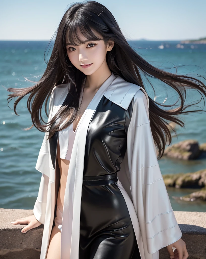 (Highest quality, 32k, High resolution, Masterpiece:1.5, ), marimo_jet, god々A photograph with brilliant dazzling and healing power., Evoking a sense of calm and elusive beauty, Expressing emotions, Have a rich imagination, The road to the horizon, Nostalgic scenery of youth, Beautiful Japanese Girls, An exceptionally beautiful face, Small Face Beauty, Perfect Human Anatomy, Magical big eyes, Motherhood and generosity, Deep Love, fleeting smile, Shiny black hair, Beautiful super long hair swaying in the wind, Asymmetrical bangs, Hair between the eyes, Transparent, soft white skin, Sharp eyebrows, Thin lashes, Natural Makeup, Cheek highlighter, Pale pink detailed lips, (Black Leather Robe:1.3), ((High resolutionの美しい太もも, Beautiful legs), ((The wilderness stretches to the distant horizon:1.5)), ((Gazing at the horizon from the ledge:1.3)), Beautifully detailed skies, Professional Photographer, Professional Lighting, Professional Model