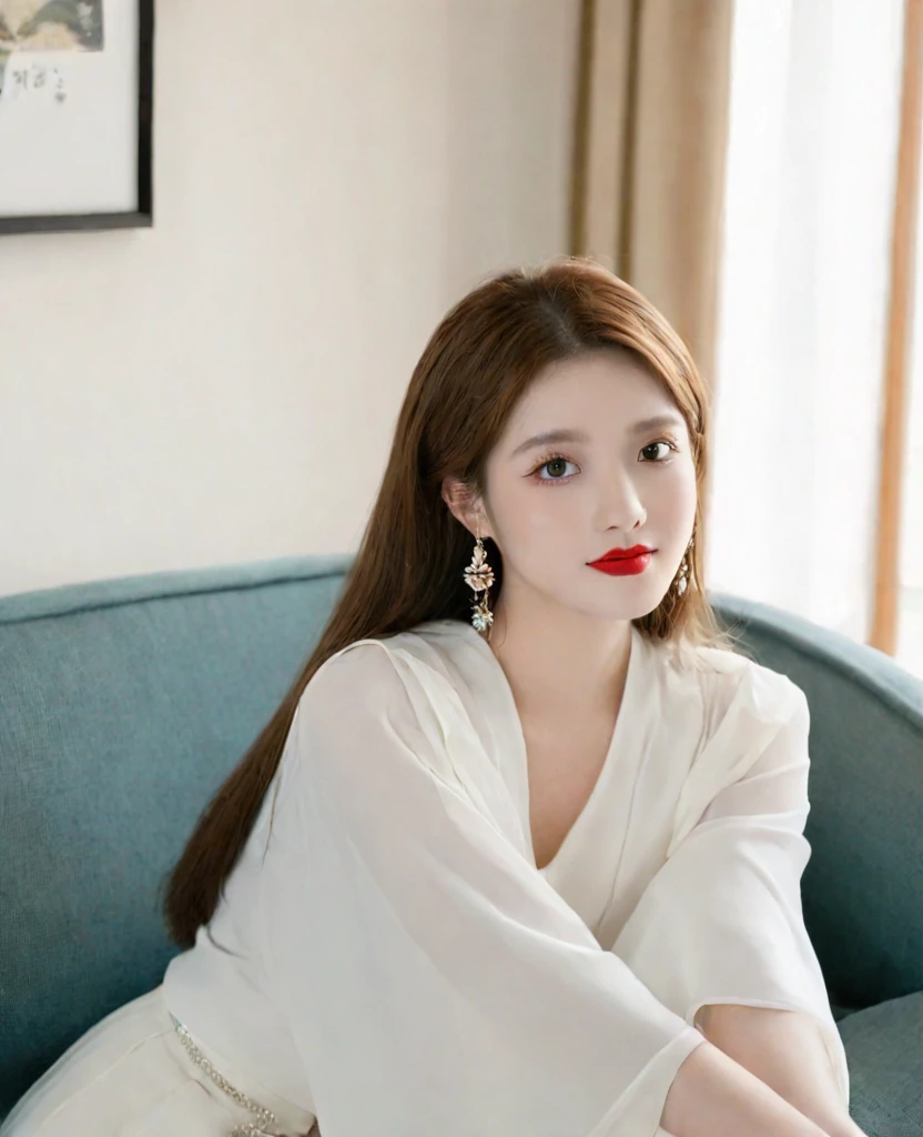 (Canon RF85mm f/1.2,best quality,Reality:1.4,light),A girl,Alone,She has brown hair,Wearing jewelry in hair。She sits indoors,Near the window,Sitting on the sofa,Have red lips。She looks directly at the audience,Looks confident and mysterious。The name of the artist who created this painting is cleverly incorporated into the picture.,Make the painting more personal and unique,Smiling