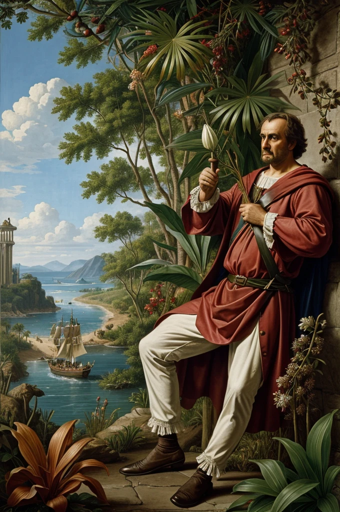 Hyper-realistic action scene in which Christopher Columbus closely examines the flora and fauna of America.. "Adds extremely precise details to plants., animals, and the shocked expression on Columbus's face, 8k, cinematic light, realistic photo, octane rendering, in focus, Masterpiece, 35mm