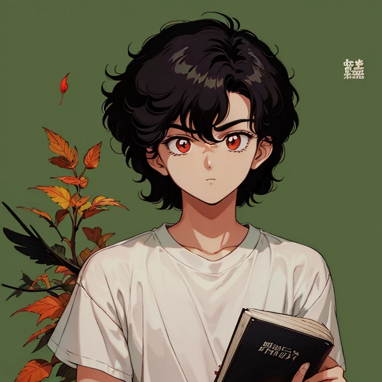 Book cover, The 80s. A boy with black hair and dark honey eyes., Short, 80s Clothing, with a serious and indifferent expression on his face. Him:terror, spring, background of bloody leaves with tree behind, age: 35 years. style: Devilman in 80&#39;s anime..