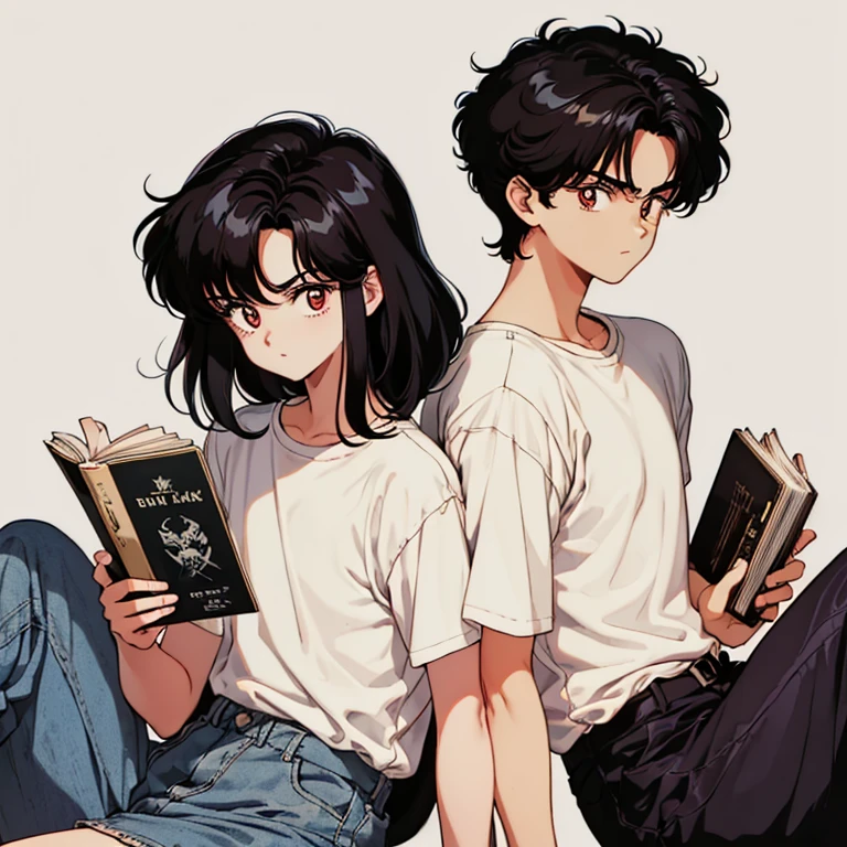 Book cover, The 80s. A boy with black hair and dark honey eyes., Short, 80s Clothing, with a serious and indifferent expression on his face. Him:terror, spring, background of bloody leaves with tree behind, age: 35 years. style: Devilman in 80's anime..
