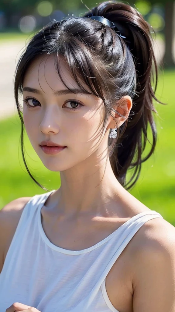 dress,outdoors,Urban Park,On the lawn,One woman,close up face,fully body photo,masutepiece, The highest image quality, High quality, the background is clear，Beautiful woman, Japanese, Detailed, Ultra-detailed, finely detail, hight resolution, 8K Wallpaper, Perfect dynamic composition, Beautiful detailed eyes ,Detailed eyes, Detailed skin, Beautiful skin, 超hight resolution, (reality: 1.4),Very beautiful woman, Slightly younger face, Beautiful skin, slender, (Ultra photo realsisim), (hight resolution), (8K), (Very detailed) (beautifully detailed eyes), (super detailed),   (Detailed face), view the viewer, Fine details, Detailed face, Staring straight ahead, Staring straight ahead, photos realistic, Bright lighting, Professional Lighting, Black hair,poneyTail,a baby face,sixteen years old,Hairstyle: ponytail,Long ponytail hairstyle,slight smile,