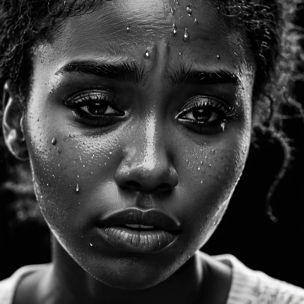 close up and zoomed in on a beautiful depressed emotional sad crying black girl with crying a single teardrop running down her face and a black background, sad, depressed, emotional, black and white