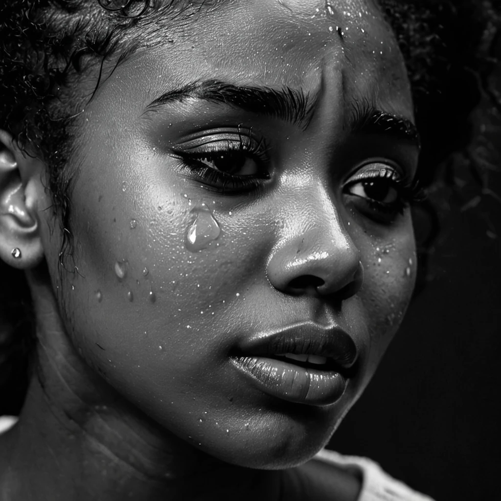 close up and zoomed in on a beautiful depressed emotional sad crying black girl with crying a single teardrop running down her face and a black background, sad, depressed, emotional, black and white
