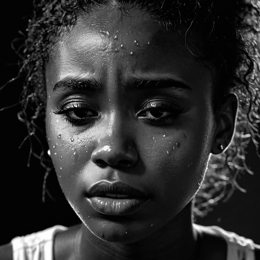 close up and zoomed in on a beautiful depressed emotional sad crying black girl with crying a single teardrop running down her face and a black background, sad, depressed, emotional, black and white