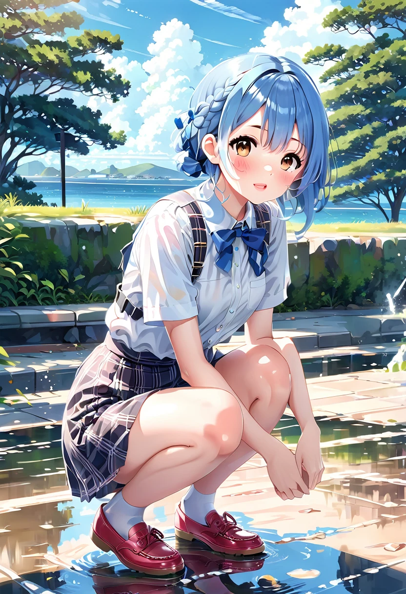 master piece, extremely detailed, high resolution, Makoto Shinkai style, high school girl, short sleeve shirt, blue bow tie, checkered mini skirt, elbows at sides, arms clenched, blue hair, glossy plump lips, pink lips, glossy hair, stone steps in the background of a park with an ocean view, blue summer sky, mouth closed and happy expression, medium long hair, braids, ribbon hair accessory, curious eyes, brown eyes, mid-bust, slim waist, upper body only, girl reflected in puddle, squatting over puddle, fullbody, wearing loafers,