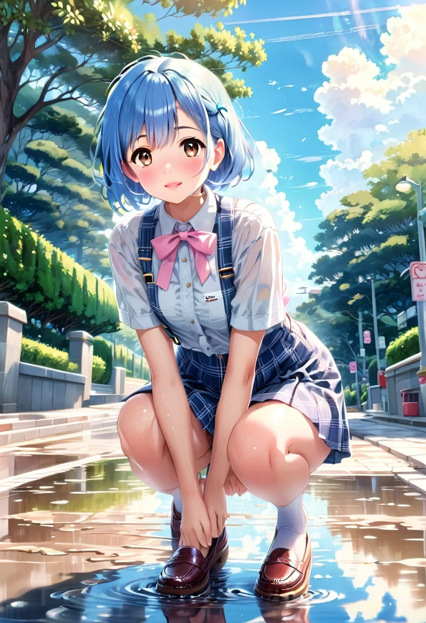 master piece, extremely detailed, high resolution, Makoto Shinkai style, high school girl, short sleeve shirt, blue bow tie, checkered mini skirt, elbows at sides, arms clenched, blue hair, glossy plump lips, pink lips, glossy hair, stone steps in the background of a park with an ocean view, blue summer sky, mouth closed and happy expression, medium long hair, braids, ribbon hair accessory, curious eyes, brown eyes, mid-bust, slim waist, upper body only, girl reflected in puddle, squatting over puddle, fullbody, wearing loafers,