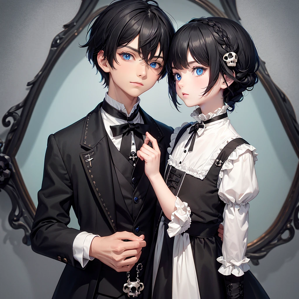 cat black hair blue eyes with skull in hand wearing Victorian costume