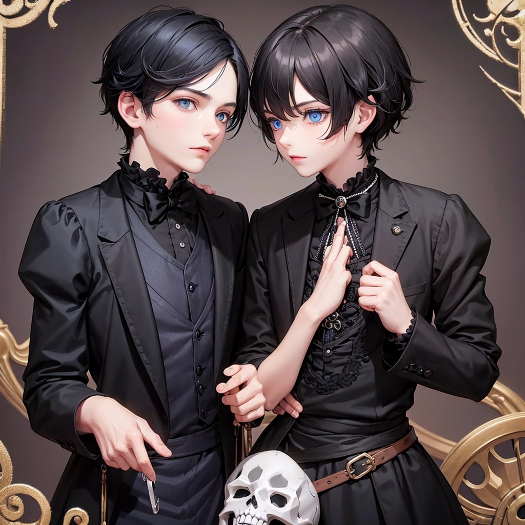 Little boy cat black hair blue eyes with skull in hand wearing Victorian costume