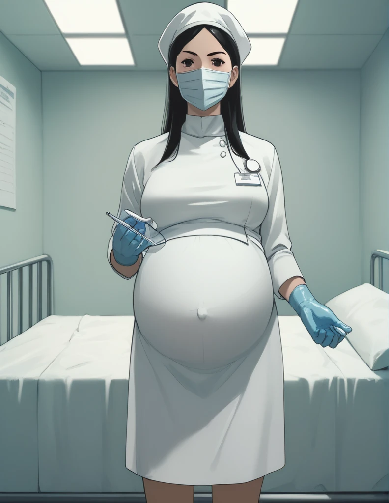 Score_9, Score_8_up, Score_7_up, anime,  kasugano rey, long hair, highest quality, masterpiece, pale skin, , surgical mask, surgical cap, long sleeve maternity dress, 9 months pregnant, 
1 girl, pregnant, solo, rubber gloves, in the operating room, standing, hospital bed, ultrasound, 