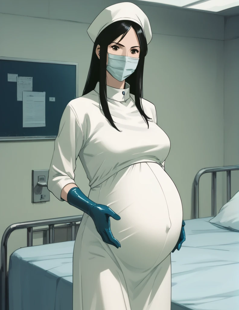 Score_9, Score_8_up, Score_7_up, anime, kasugano rey, long hair, highest quality, masterpiece, pale skin, big breasts, surgical mask, surgical cap, long sleeve maternity dress, 9 months pregnant,
1 girl, pregnant, solo, rubber gloves, in the operating room, standing, hospital bed, ultrasound,
