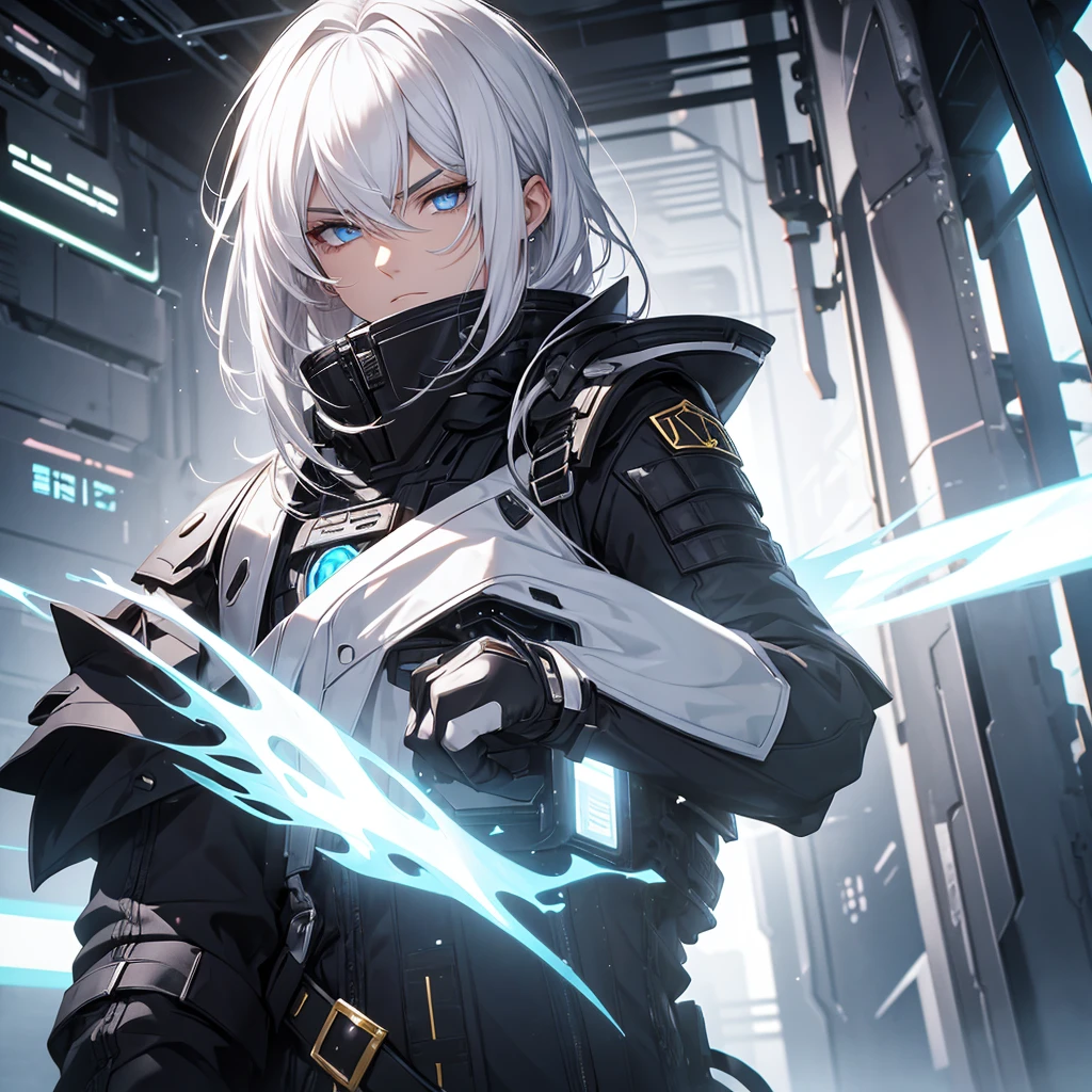 male character. white  hair. golden colored eyes. black clothing. Futuristic Setting. cold and cautious face