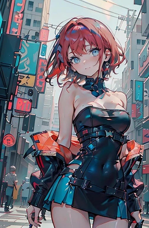 ((best qualityer)), ((work of art)), ((realisitic)) 19yearsold, red-haired girl, Hair to the shoulders, happy and relaxed face ((苗条)) (busty), ((( dark turquoise strapless bodycon dress ))) ((( mini-skirt ))) ((sensuous )) cyberpunk costume, textured pixie haircut , medium shot. beautiful face,