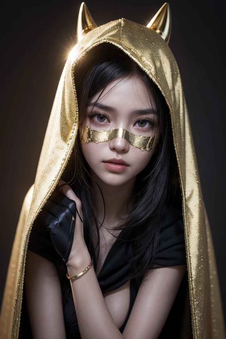 (absurdities, 8k, 4k, Masterpiece, hyper extreme detailed:1.2), Alone, 1 girl, front view, portrait, Alone, standing, tanned skin, female, face mask, perfect hands, perfect anatomy, face mask, black face mask with gold accents, Perfect face, expressive eyes, gold eyes, Mysterious, wearing a face mask, Anubis, Gold and black color scheme, golden skirt, black cape with gold details, black suit with gold details, Akali, egyptian clothing, wide, messy hair, dark brown hair, tanned skin, Half body, cowboy shot, small breasts, black armor with gold details, perfect anatomy, Style ,assassin's creed human, face mask, Alone, hood, wearing hood, wearing face mask, face mask, desert background, black bra with gold details, front view, black hood with gold accents, Black gloves with gold details,