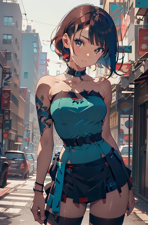 ((best qualityer)), ((work of art)), ((realisitic)) 19yearsold, red-haired girl, Hair to the shoulders, happy and relaxed face ((苗条)) (busty), ((( dark turquoise strapless bodycon dress ))) ((( mini-skirt ))) ((sensuous )) cyberpunk costume, textured pixie haircut , medium shot. beautiful face,