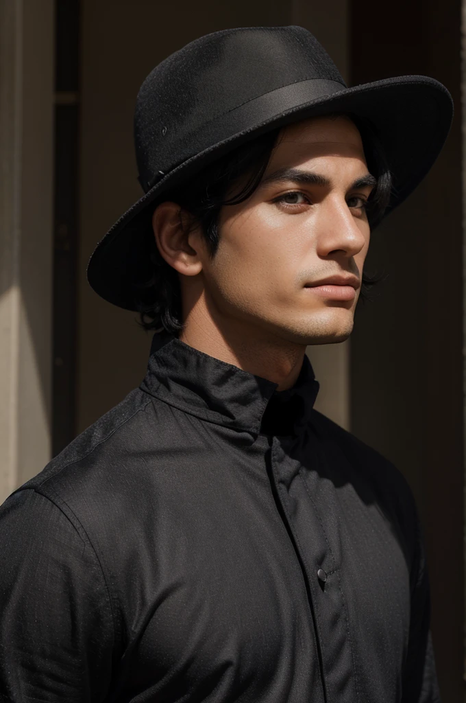 Showing the most handsome young man in the world,3D black hair, facing forward looking down, wear a black hat,there's a name"Gemoy's father" and black mask, wear black earrings, wear a black shirt, glowing black background,