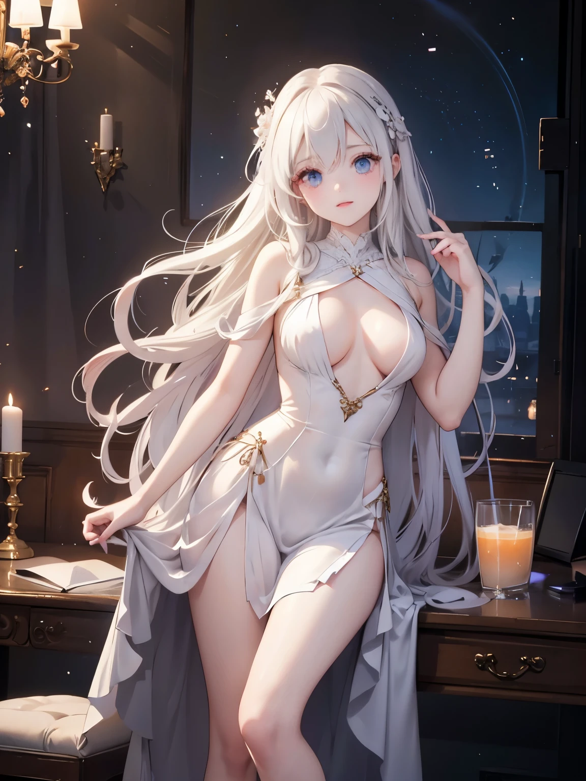 Princess of Lightness,busty,Glamour,fabulous,Jewelry,monochrome,goddess,light Fantasy,light Venus,erotic posing,Dynamic posing,dramatic,cinematic,detailed background,light fantastic view,Best quality,table,8 k,Maximum detailed light background, Highest image quality、raw photo、Show Legs,cropped shoulders,Close-up of the whole body,Be red in the face,overall the look is very erotic。(Hand optimization),(Parts Reinforced),(High image quality) 18 year old woman、Filmed for one person only、Model shooting、Medium breasts、in a white dress、Beautiful eye details、Very thin eyes、Beautiful eyelashes、beautiful double eyelid、very slim build, shy, with rosy cheeks
