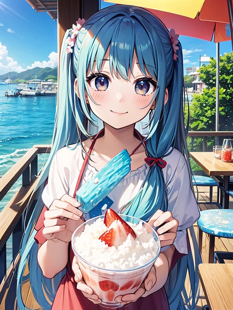 Girl with light blue hair in twin tails、Deformed、SD Character、Camisole and shorts、I'm eating popsicle
Japan Room、traditional Japanese room、electric fan、Outside the sea