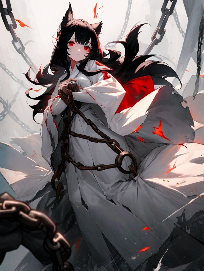 full-length, girl, four eyes, black hair, red eyes, tufts of hair, white torn clothes, shackles on her hands