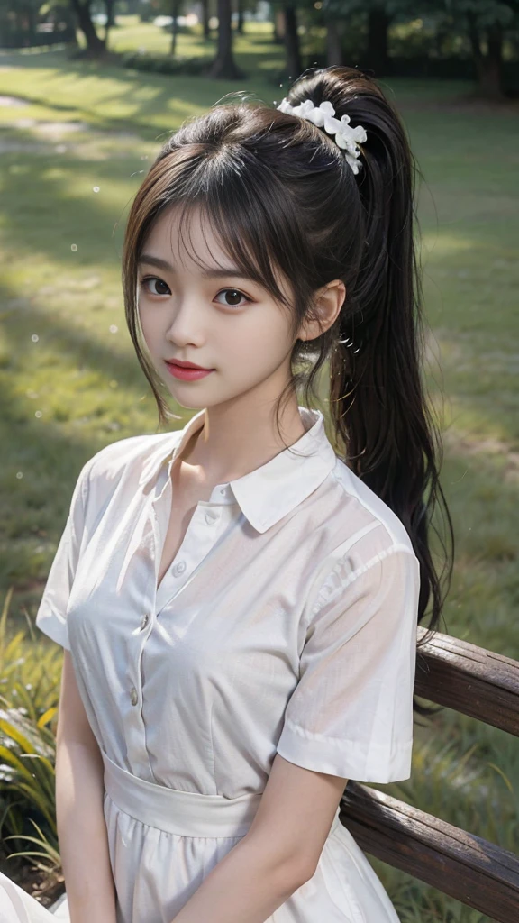 collared dress,European park,On the lawn,One woman,masutepiece, The highest image quality, High quality, the background is clear,Beautiful woman, Japanese,Ultra-detailed, finely detail, hight resolution, 8K Wallpaper, Perfect dynamic composition, Beautiful detailed eyes , Detailed, Detailed eyes, Detailed skin, Beautiful skin, 超hight resolution, (reality: 1.4),Very beautiful woman, Slightly younger face, Beautiful skin, slender, (Ultra photo realsisim), (hight resolution), (8K), (Very detailed) (beautifully detailed eyes), (super detailed), (Detailed face), view the viewer, Fine details, Detailed face, Staring straight ahead, Staring straight ahead, photos realistic, Bright lighting, Professional Lighting, Black hair,poneyTail,a baby face,sixteen years old,Hairstyle: ponytail,Long ponytail hairstyle,slight smile,neat and tidy clothing,Beautiful Japanese KPOP idol photo, hair style is ponytail, my eyes are double and wide, baby face, smile and look straight ahead, slender, small breasts,Close up face,