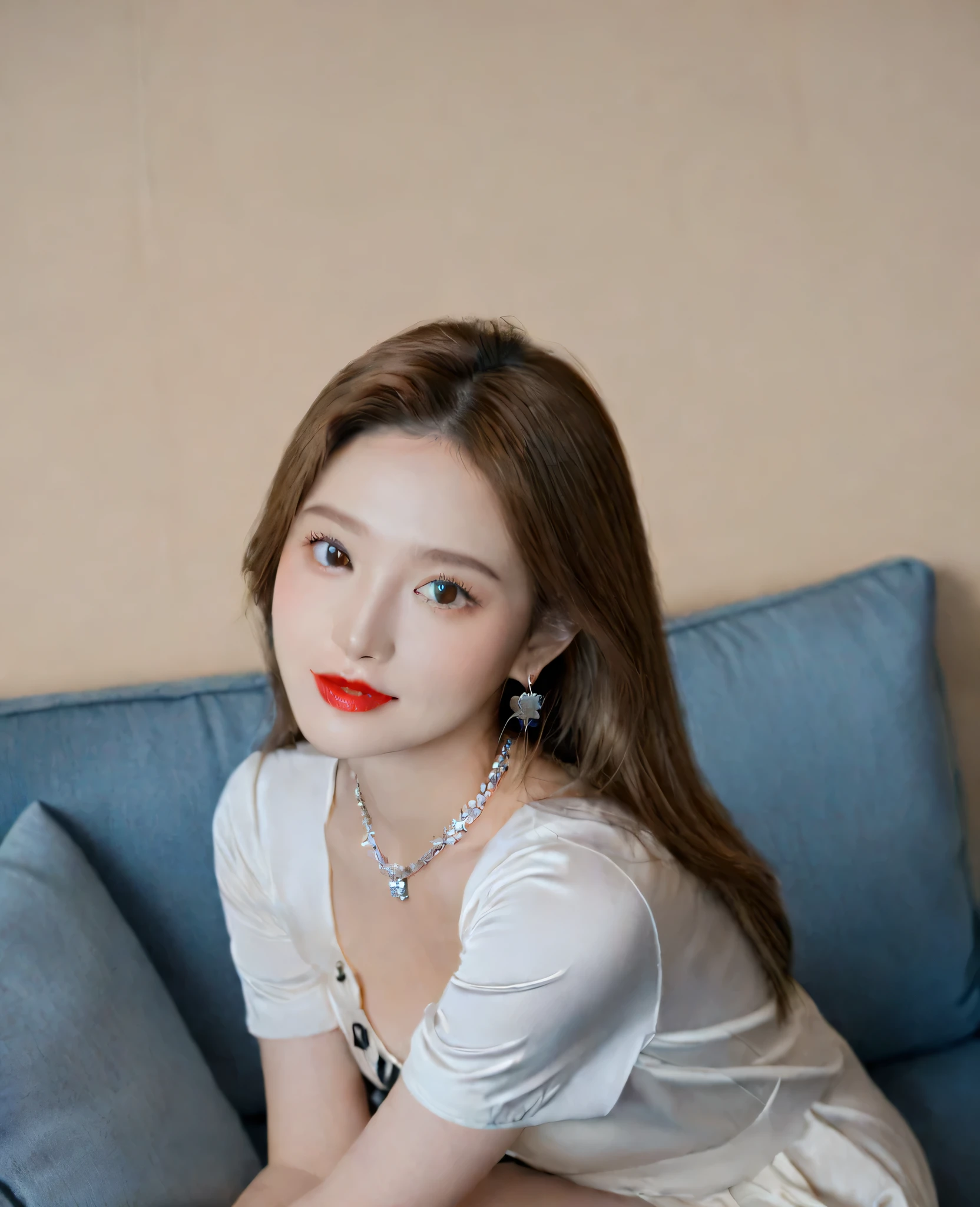 (Canon RF85mm f/1.2,best quality,Reality:1.4,light),A girl,Alone,She has brown hair,Wearing jewelry in hair。She sits indoors,Near the window,Sitting on the sofa,Have red lips。She looks directly at the audience,Looks confident and mysterious。The name of the artist who created this painting is cleverly incorporated into the picture.,Make the painting more personal and unique,Smiling