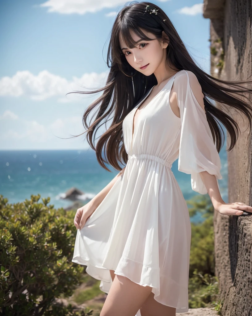 (Highest quality, 32k, High resolution, Masterpiece:1.5, ), marimo_jet, god々A photograph with brilliant brilliance and the power of nature., Expressing emotions, Have a rich imagination, Beautiful Japanese Girls, An exceptionally beautiful face, Small Face Beauty, Perfect Human Anatomy, Magical big eyes, Motherhood and generosity, Deep Love, fleeting smile, Shiny black hair, Beautiful super long hair swaying in the wind, Asymmetrical bangs, Hair between the eyes, Transparent, soft white skin, Sharp eyebrows, Thin lashes, Natural Makeup, Cheek highlighter, Pale pink detailed lips, (High-quality black dress:1.3), ((High resolutionの美しい太もも, Beautiful legs), ((The wilderness stretches to the distant horizon:1.5)), ((Gazing at the horizon from the ledge:1.3)), Beautifully detailed skies, Professional Photographer, Professional Lighting, Professional Model