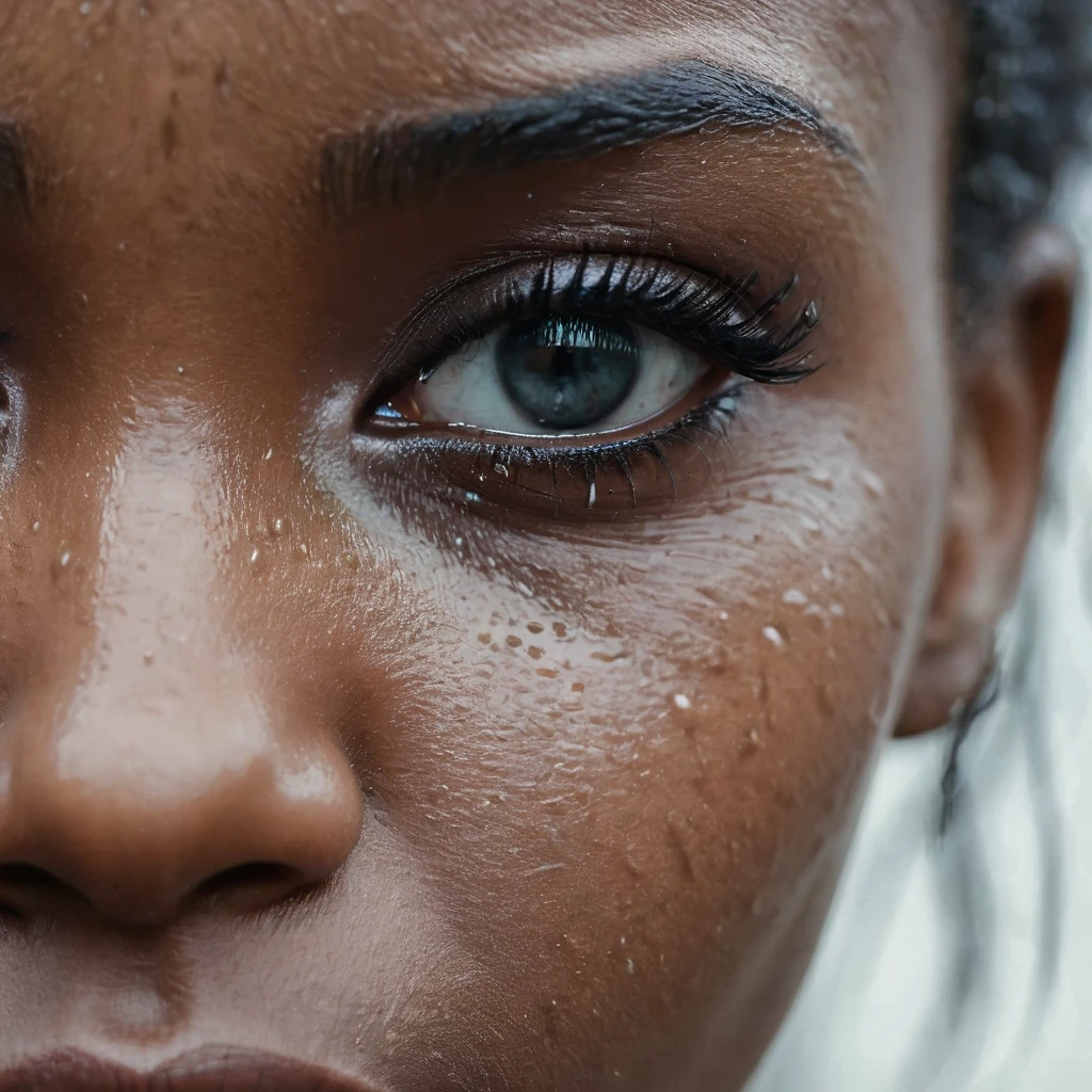 close up and zoomed in on a beautiful depressed emotional sad crying black girl with crying a single teardrop running down her face