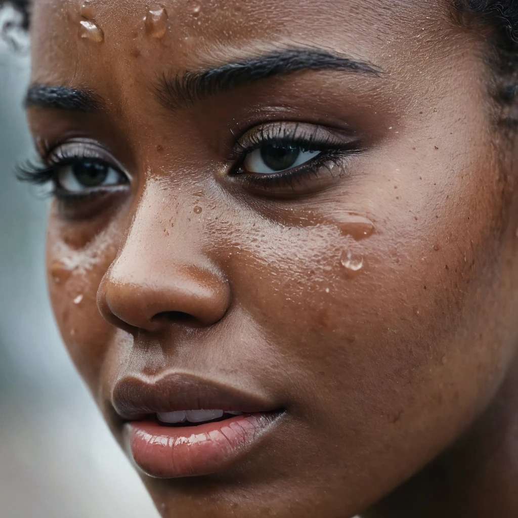 close up and zoomed in on a beautiful depressed emotional sad crying black girl with crying a single teardrop running down her face