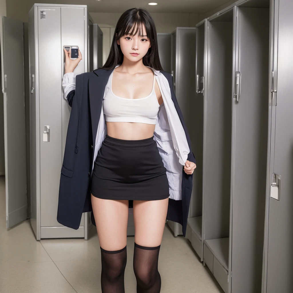 (Highest quality:1.5), (High resolution:1.5), (Real:1.5), One girl, 16 years old, Black Hair, Small breasts, School locker room, Change of clothes,Are standing