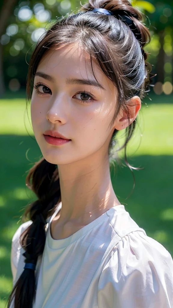 dress,outdoors,Urban Park,On the lawn,One woman,close up face,fully body photo,masutepiece, The highest image quality, High quality, the background is clear,Beautiful woman, Japanese, Detailed, Ultra-detailed, finely detail, hight resolution, 8K Wallpaper, Perfect dynamic composition, Beautiful detailed eyes ,Detailed eyes, Detailed skin, Beautiful skin, 超hight resolution, (reality: 1.4),Very beautiful woman, Slightly younger face, Beautiful skin, slender, (Ultra photo realsisim), (hight resolution), (8K), (Very detailed) (beautifully detailed eyes), (super detailed), (Detailed face), view the viewer, Fine details, Detailed face, Staring straight ahead, Staring straight ahead, photos realistic, Bright lighting, Professional Lighting, Black hair,poneyTail,a baby face,sixteen years old,Hairstyle: ponytail,Long ponytail hairstyle,slight smile,