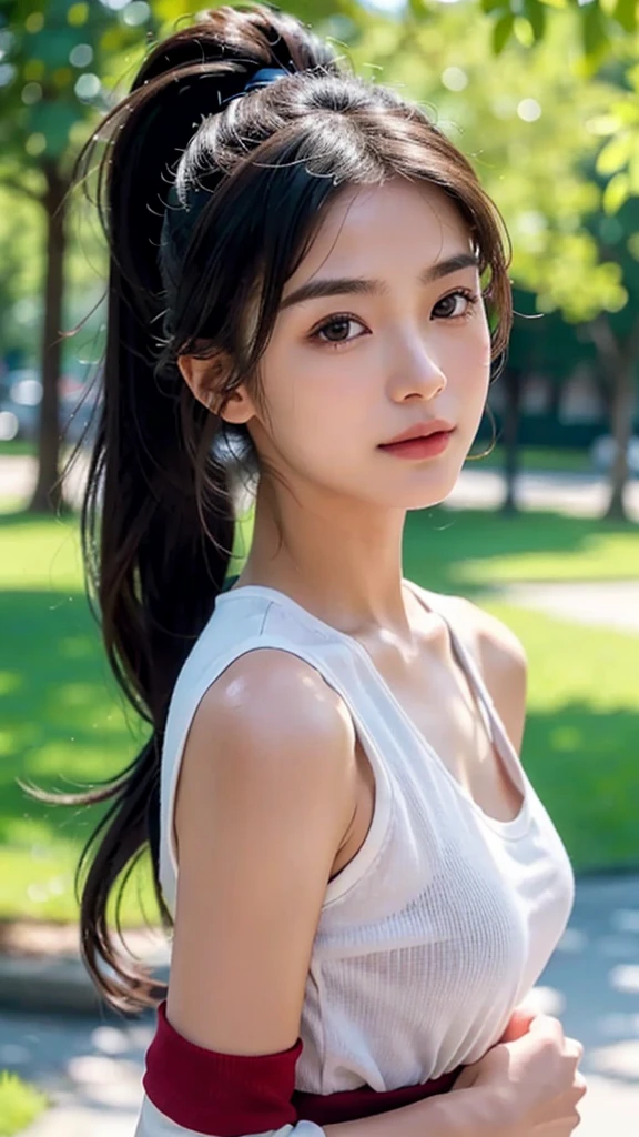 dress,outdoors,Urban Park,On the lawn,One woman,close up face,fully body photo,masutepiece, The highest image quality, High quality, the background is clear,Beautiful woman, Japanese, Detailed, Ultra-detailed, finely detail, hight resolution, 8K Wallpaper, Perfect dynamic composition, Beautiful detailed eyes ,Detailed eyes, Detailed skin, Beautiful skin, 超hight resolution, (reality: 1.4),Very beautiful woman, Slightly younger face, Beautiful skin, slender, (Ultra photo realsisim), (hight resolution), (8K), (Very detailed) (beautifully detailed eyes), (super detailed), (Detailed face), view the viewer, Fine details, Detailed face, Staring straight ahead, Staring straight ahead, photos realistic, Bright lighting, Professional Lighting, Black hair,poneyTail,a baby face,sixteen years old,Hairstyle: ponytail,Long ponytail hairstyle,slight smile,