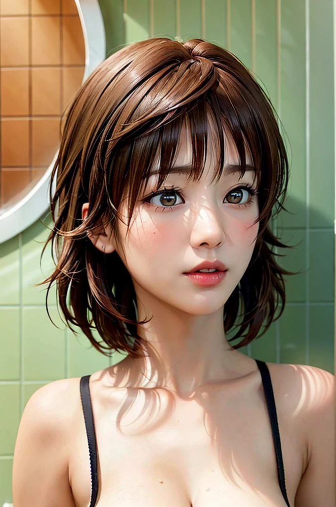 1girl, solo, breasts, blush, looking_at_viewer, short_hair, bangs, black_hair, original, cleavage, medium_breasts, hair_between_eyes, closed_mouth, collarbone, upper_body, nude, indoors, black_eyes, nail_polish, lips, fingernails, eyelashes, makeup, shadow, crossed_arms, spiked_hair, covering, red_nails, covering_breasts, tiles, against_wall, bathroom, tile_wall