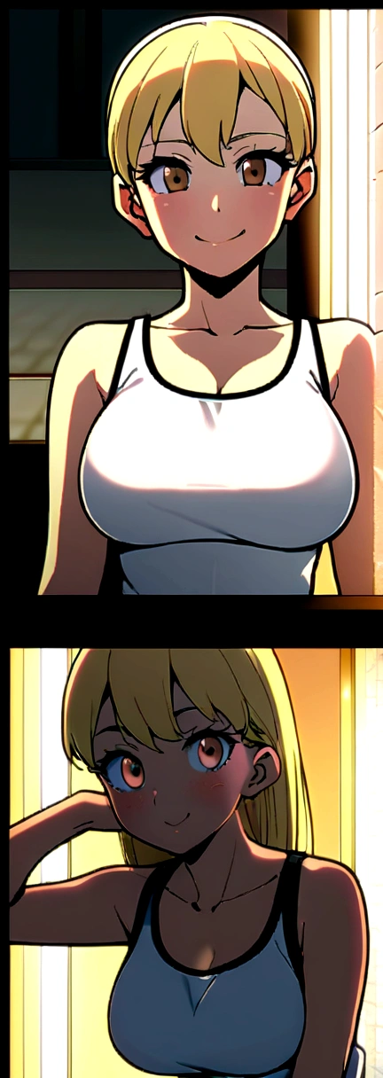 ,, Big Breasts, Beautiful breasts、Blonde Hair, 8K, , LED lighting, Japanese girl、smile、、slender、Height: about 150cm、Golden Hair、blond、、、Gal Makeup、Front view、Pool、、Sunburned skin、tank top,ミニスカート