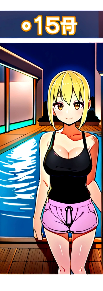 ,, Big Breasts, Beautiful breasts、Blonde Hair, 8K, , LED lighting, Japanese girl、smile、、slender、Height: about 150cm、Golden Hair、blond、、、Gal Makeup、Front view、Pool、、Sunburned skin、tank top,ミニスカート