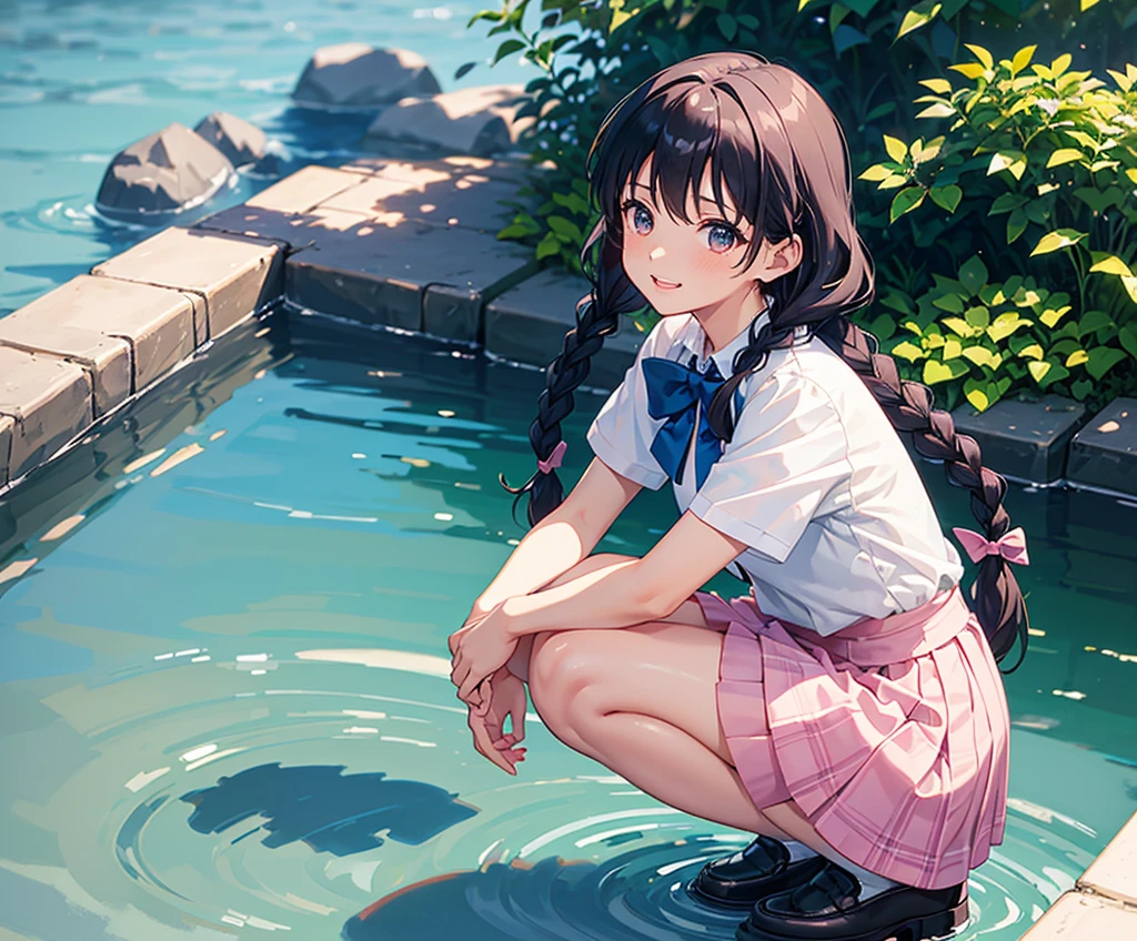 master piece, extremely detailed, high resolution, Makoto Shinkai style, high school girl, short sleeve shirt, blue bow tie, checkered mini skirt, elbows at sides, arms clenched, blue hair, glossy plump lips, pink lips, glossy hair, stone steps in the background of a park with an ocean view, blue summer sky, mouth closed and happy expression, medium long hair, braids, ribbon hair accessory, curious eyes, brown eyes, mid-bust, slim waist, upper body only, girl reflected in puddle, squatting over puddle, fullbody, wearing loafers,