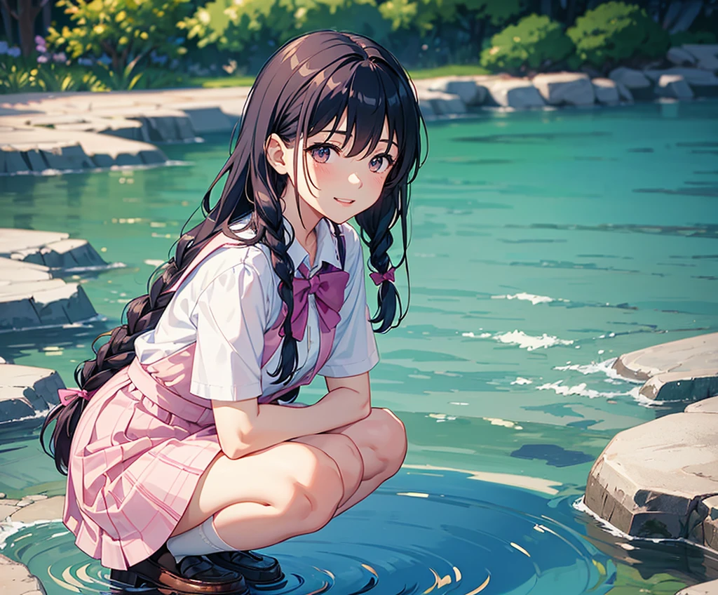 master piece, extremely detailed, high resolution, Makoto Shinkai style, high school girl, short sleeve shirt, blue bow tie, checkered mini skirt, elbows at sides, arms clenched, blue hair, glossy plump lips, pink lips, glossy hair, stone steps in the background of a park with an ocean view, blue summer sky, mouth closed and happy expression, medium long hair, braids, ribbon hair accessory, curious eyes, brown eyes, mid-bust, slim waist, upper body only, girl reflected in puddle, squatting over puddle, fullbody, wearing loafers,