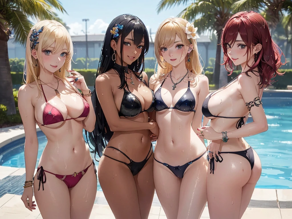 Masterpiece, Ultra HD, Ultra HD 8K, (((beauties))), Mysterious and fantastic images, Fantasy, Anime, (((beauties wearing colorful super micro bikinis and thongs))), Perfect voluminous body, (((Hair color, hairstyle (summery)))) and (((bright clear shining eyes color are random))) (((Very long eyelashes))), The three girls are very friendly and have fun playing in the pool (((Very nice smile))), Ultra realistic sharp focus, (((All three have very large breasts, beautiful buttocks, wet and shiny skin, flower hair ornament earrings, necklace, ring bracelet, ring))) (((all girls back view, beautiful hips)))