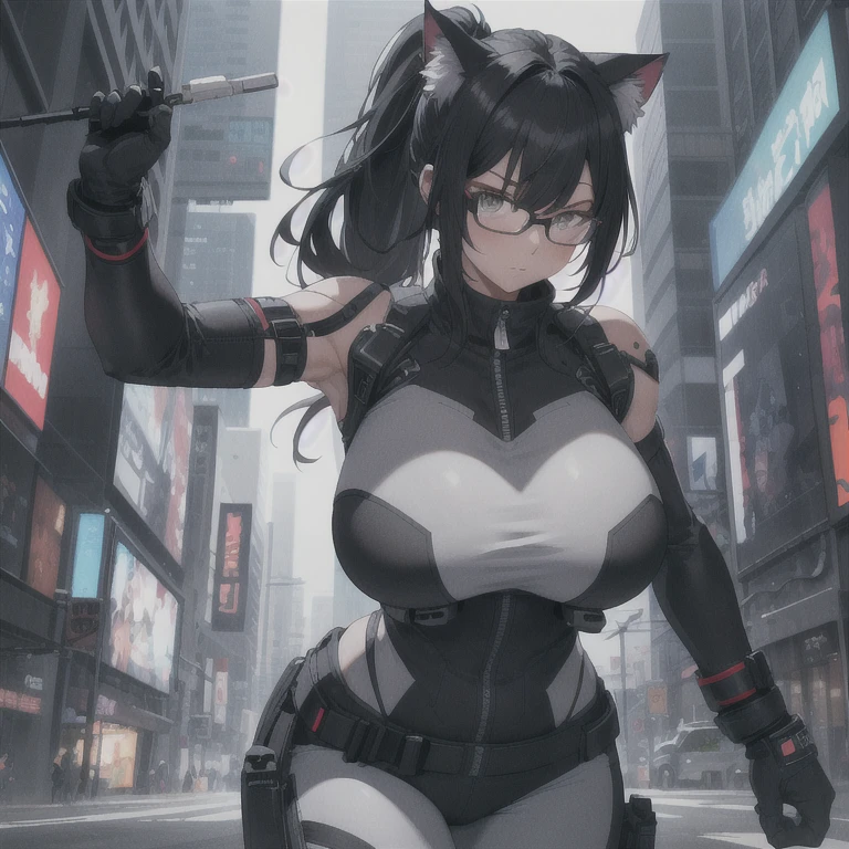Absurd resolution, high resolution, (masterpiece: 1.4), hyper-detail, full body shot, solo, 1 kemono feline cat woman, humanoid, no skin other than neck and head shown, black hair, glasses, messy ponytail, cute face, detailed soft grey eyes, huge massive hyper super swollen heavy breasts, breasts so big that cover her whole torso and are bigger than her head while being so big they reach her belly button, extremely super large swollen perky heavy bust, wide full hips, narrower torso and shoulders, smaller torso, full thicc big soft thighs, big rounded full soft butt, ruggedized utility styled outfit, fully insulated suit, full body outfit coverage with no skin showing or revealed, scifi monochrome black and grey fullbody covering protective padding rugged loose-fitted pilot utility suit with white zipped utility top for breasts support, tactical strategic protective padding on hips and thighs and abdomen, ruggedized tech, ruggedized tech aesthetic, fitted utility pants, utility chaps, near future scifi, cyberpunk aesthetic, anime aesthetic