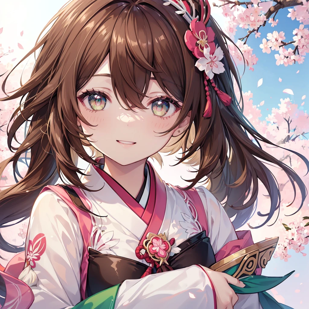 ((Genshin impact style lineart)) ((face portrait)),  (masterpiece), (high quality), 1 girl, 16 years, female and curvy body, white skin, freckles, ((long, and wavy (((DARK-BROWN))) hair)), ((GREEN and bright eyes like de forest)), she has a cheerful, Very lively, happy, bright, kind and sweet expression, pink lips with a big smile, ((designs from East Asian, Game character costume design)), Japanese clothing style with a green and light pink color palette, japanese hair accessories, ((White background, sakura, cute and colorful pink details)), ((portrait panting)), intricate details, lens flare，ultra high resolution，sharp focus，HD，8k，clear facial features，clear details，beautiful eyes，beautiful face