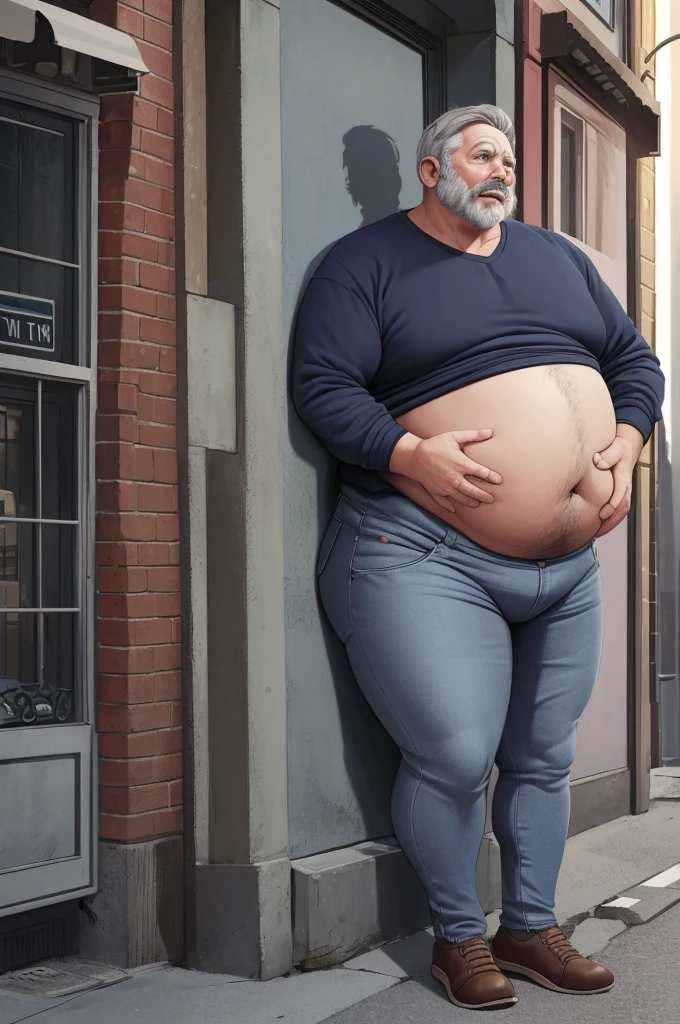 fat, (old man:1.1),(grey haired:1.1),(dude:1.1),(little tummy:1.1),(thick massive legs:1.1),(skin-tight:1.1),(blue jeans:1.1),(portrait),(photorealistic),(professional),(vivid colors),(strong light and shadow),(wrinkles),(weathered face),(wise, experienced expression),(relaxed posture),(urban background),(crowded street),(nostalgic color tones)